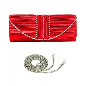 Evening Bag - 12 PCS - Satin Pleated w/ 3 Liner Clear Stone - Red - BG-EBS1132RD